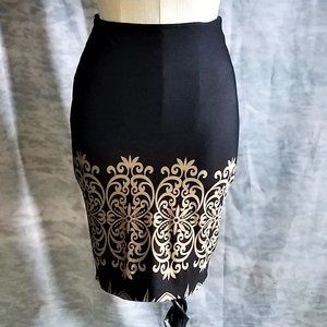 Black Pencil Skirt with Tan Scroll Design